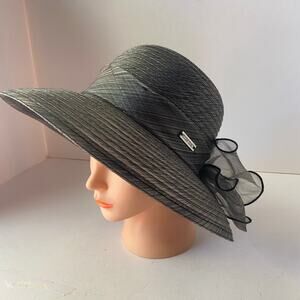 Ellen Tracy Hat Bow Wide Brim Sun Church Funeral Bow Women Fancy Lace